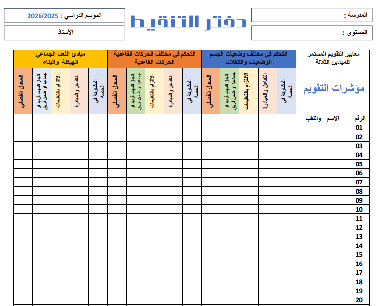 دفتر تنقيط المتعلمين بناءً على التقويم المستمر (التعليم الابتدائي) للموسم الدراسي 2025-2026