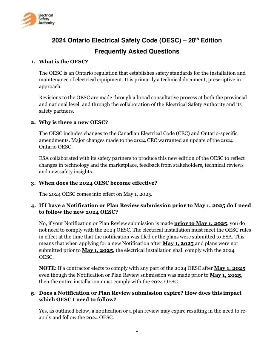 2024 Ontario Electrical Safety Code — Frequently Asked Questions