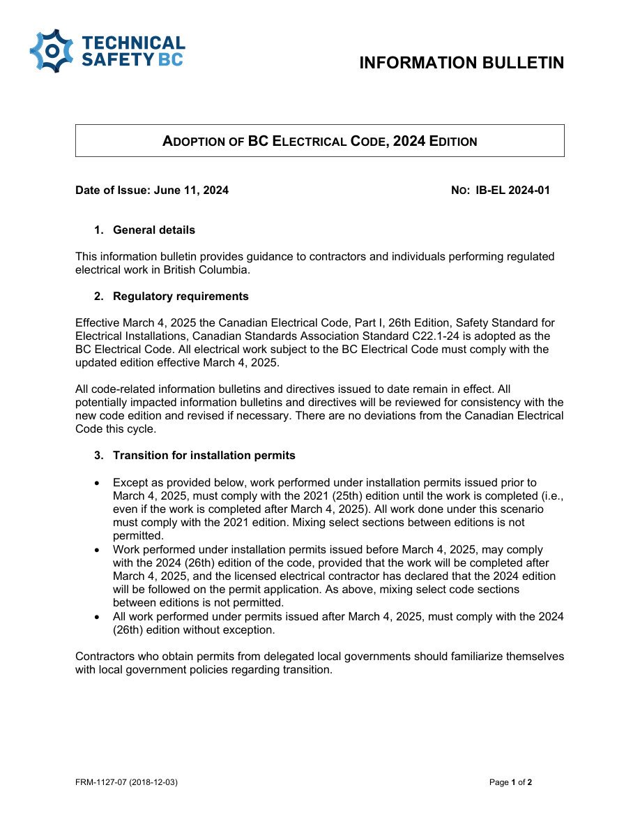 BC Electrical Code Adoption Bulletin IB-EL 2024-01