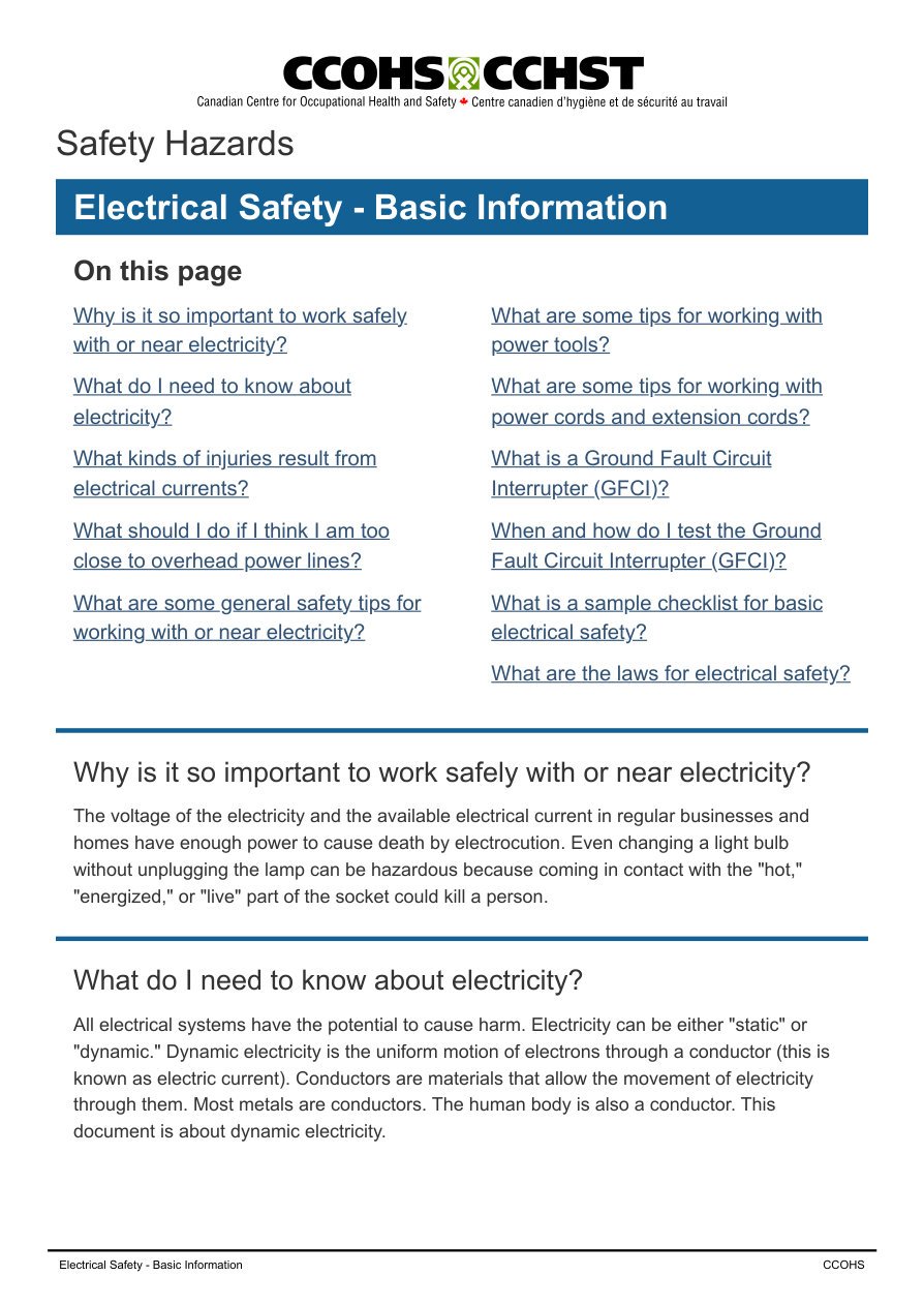 CCOHS — Electrical Safety at Work (Canada)