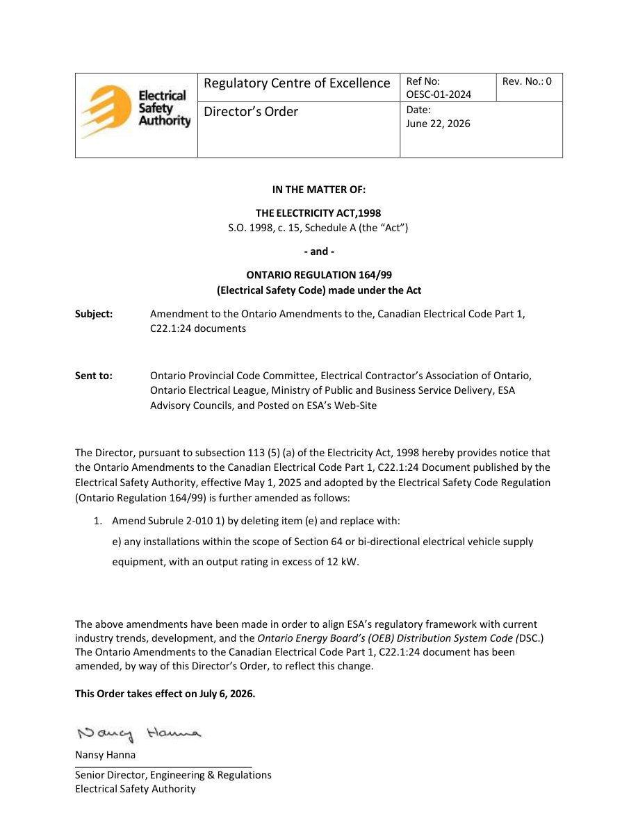 Director's Order — OESC 29th Edition (Ontario)