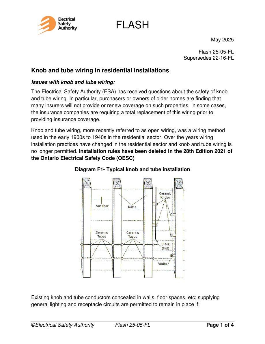 ESA Flash 25-05-FL — Knob and Tube Wiring (Ontario Residential)