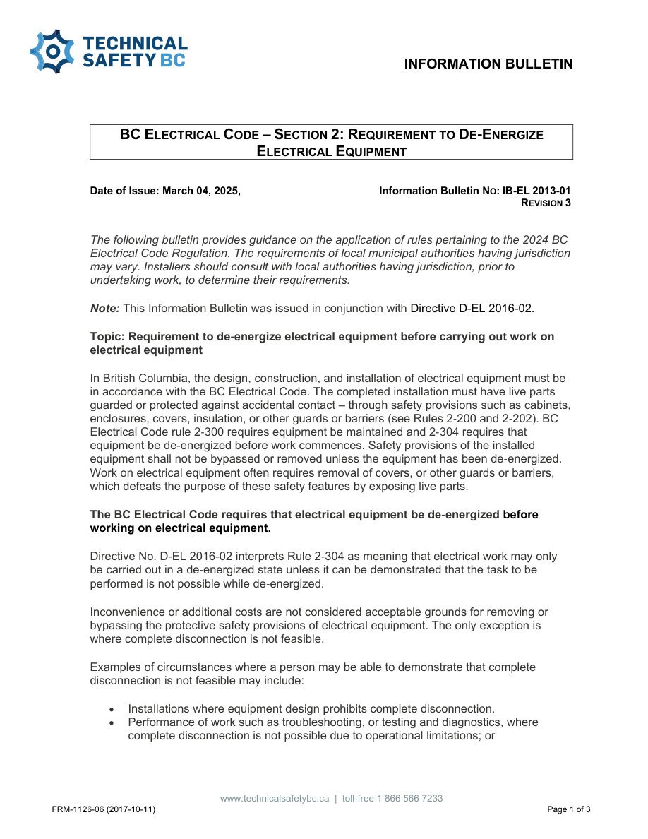 TSBC IB-EL 2013-01 — De-Energize Before Work