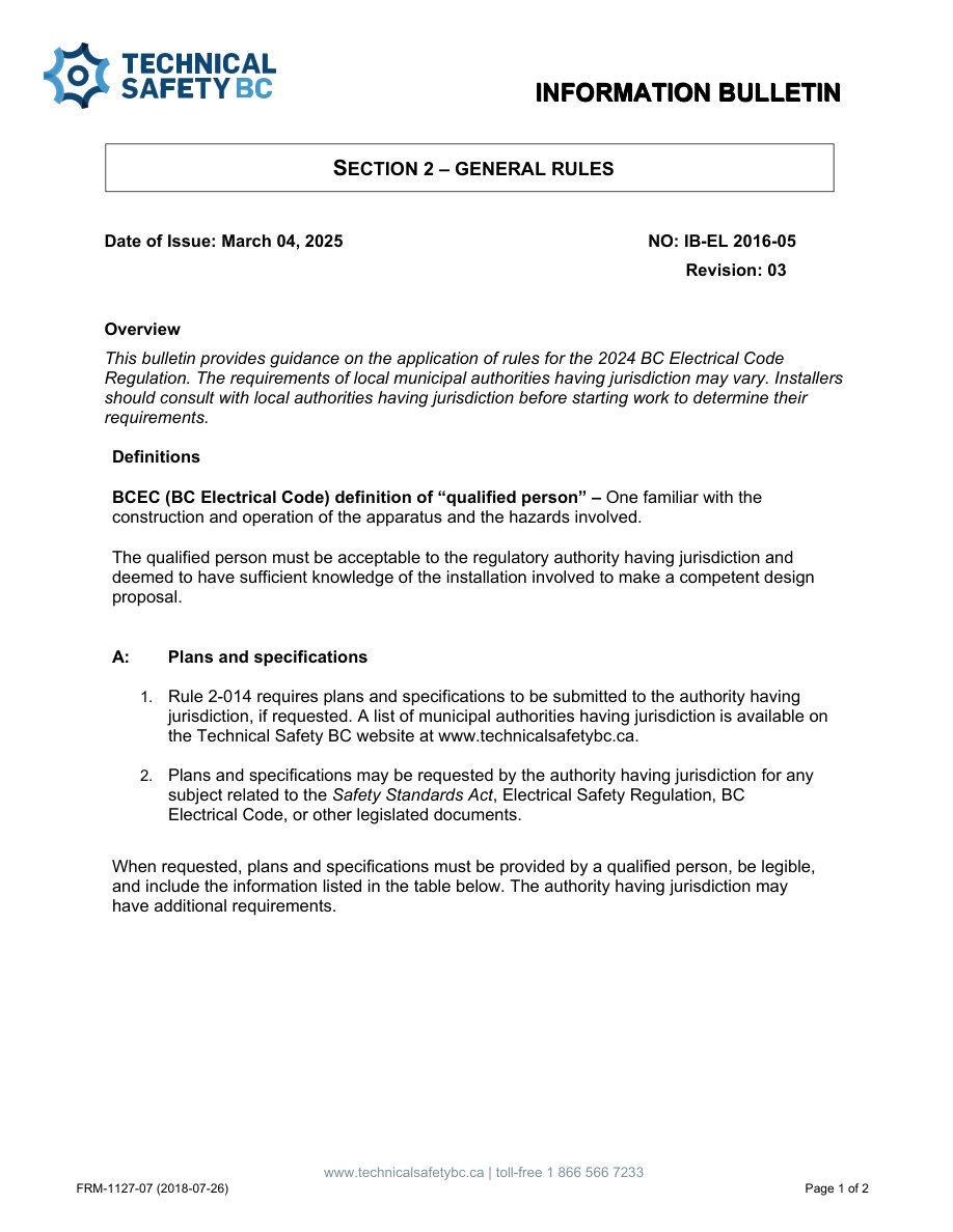 Technical Safety BC — IB-EL Section 2 General Rules